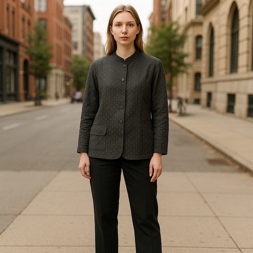 Grizas LS Button Up Shirt Womens Large Black Washed 100% Pure Linen Quilted EU
